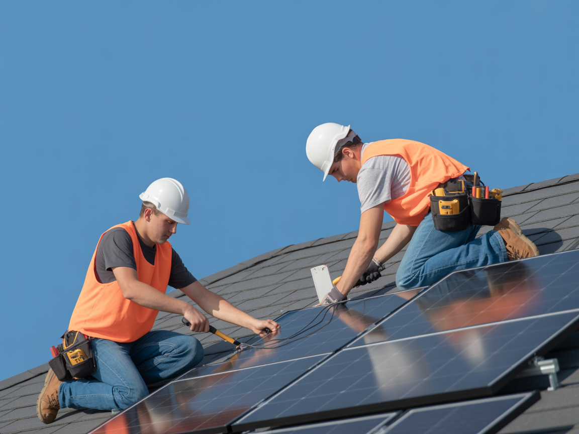 Professional SolarWorld team installing solar panels